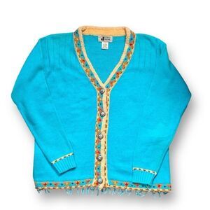 J TWO NY Vintage 90s Bright Blue Southwest Pattern Embroidered Knit Cardigan